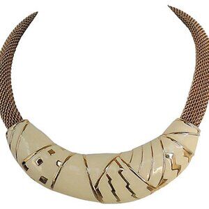 Vintage 1980s Signed Monet Modernist Goldtone & White Enamel Necklace